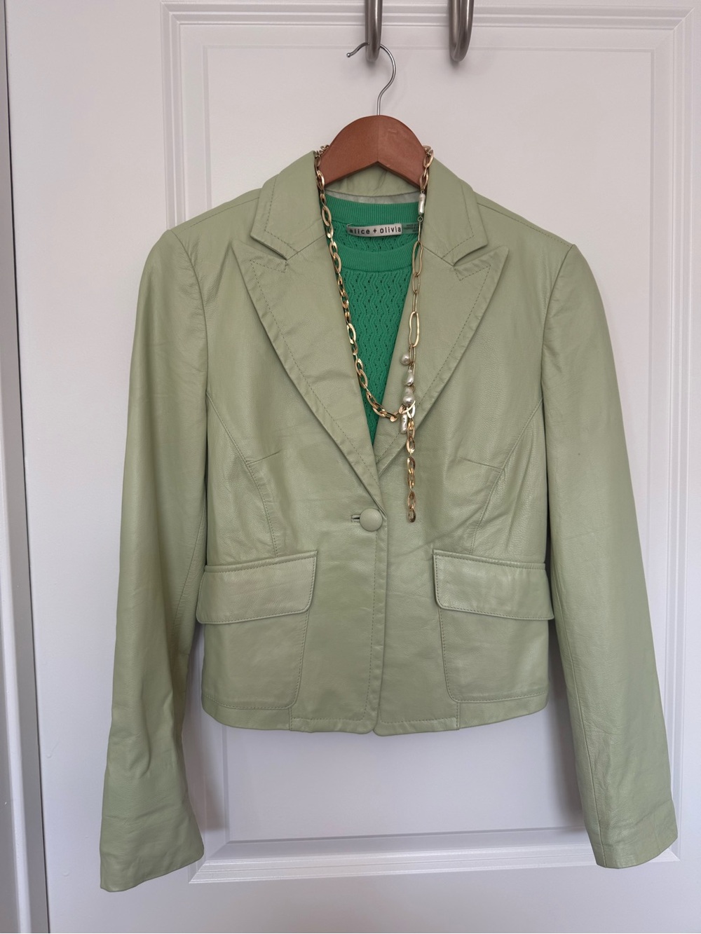 Bebe Mint Green Vintage Leather Blazer Jacket